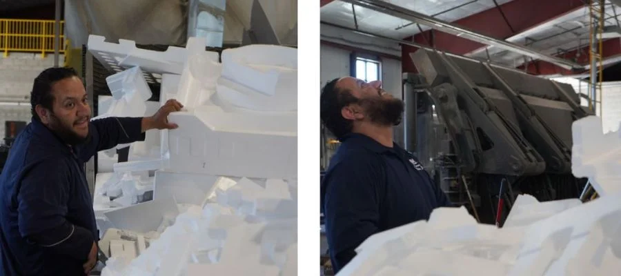 Two photos of ramon mendez laughing as he sorts styrofoam