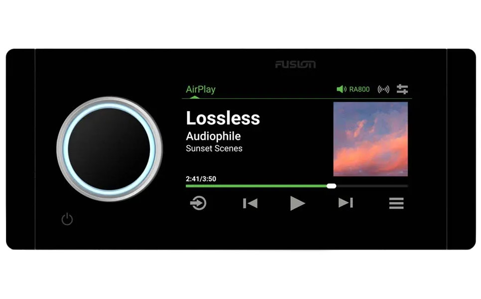 Front View Of The Fusion Apollo MS-RA800 Marine Stereo In Black Finish