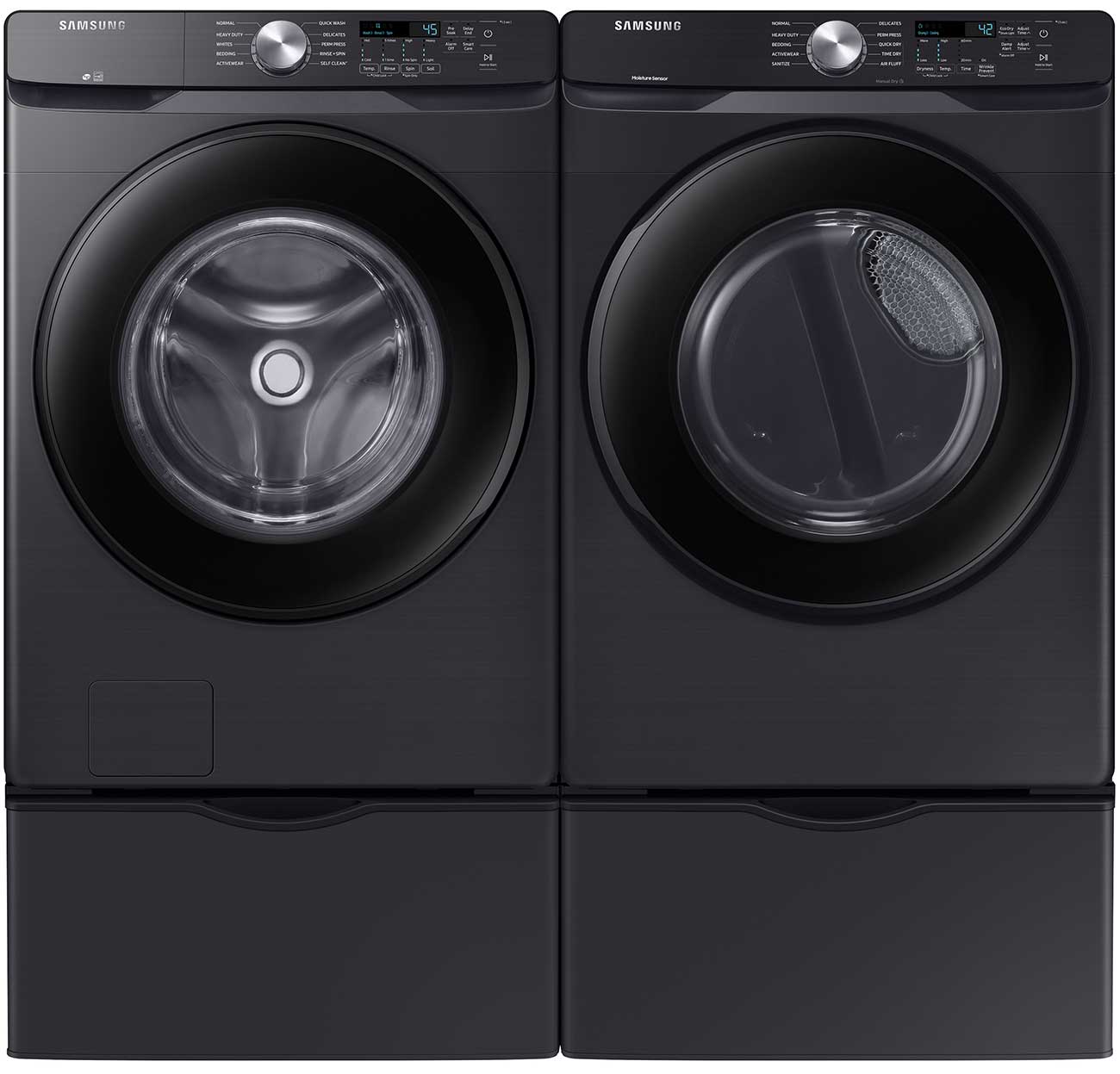 Washer with dryer and pedestals.