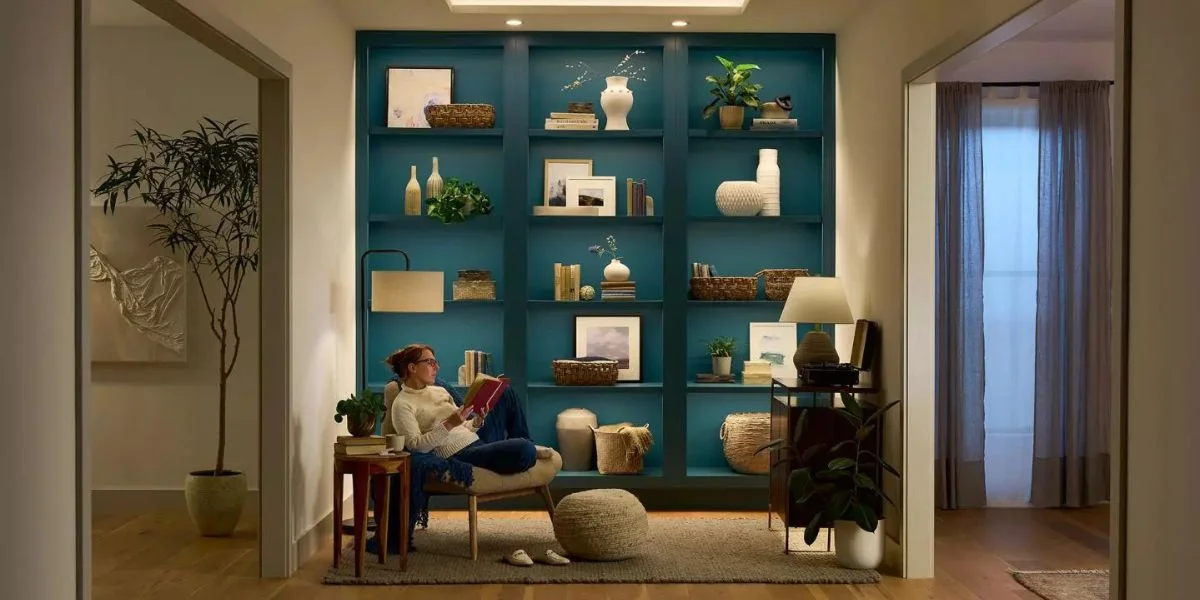 woman in a chair in front of a large bookshelf wall with decor. It is lit with smart lighting.
