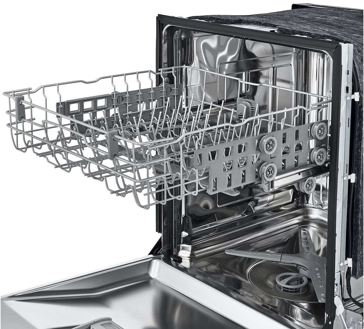 Stainless Steel LG Dishwasher Showing Adjustable Height Dish Racks