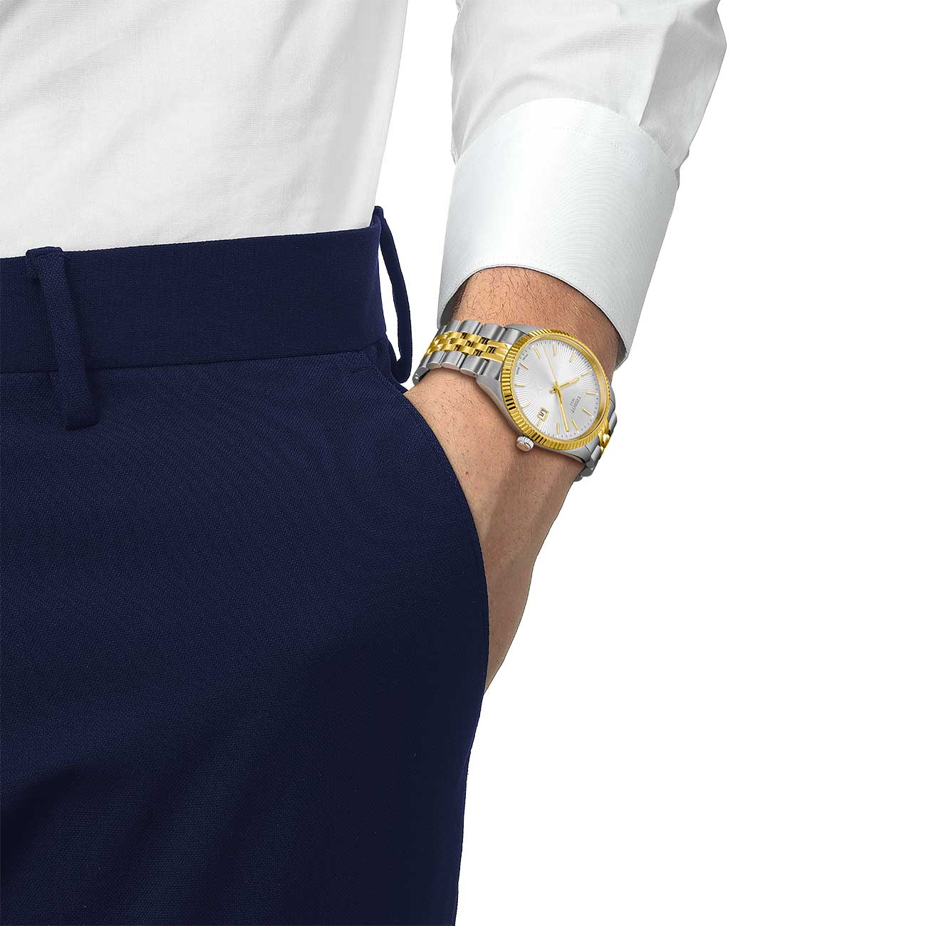 View off watch with silver dial on wrist