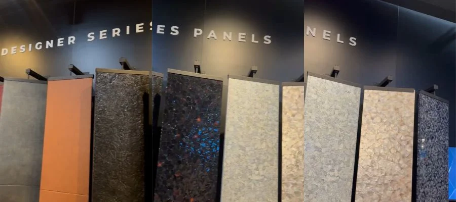 three side-by-side images of leather appliance panels hanging on a wall