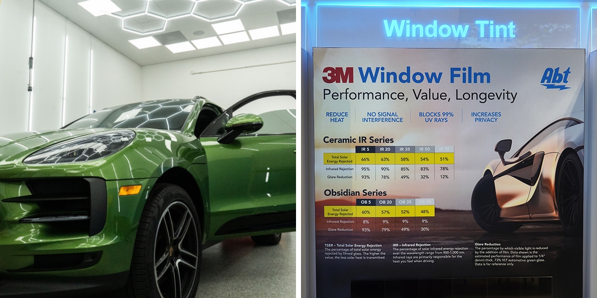 A green car parked in Abt's window tint bay, next to a window film display showing the various tint options that Abt offers