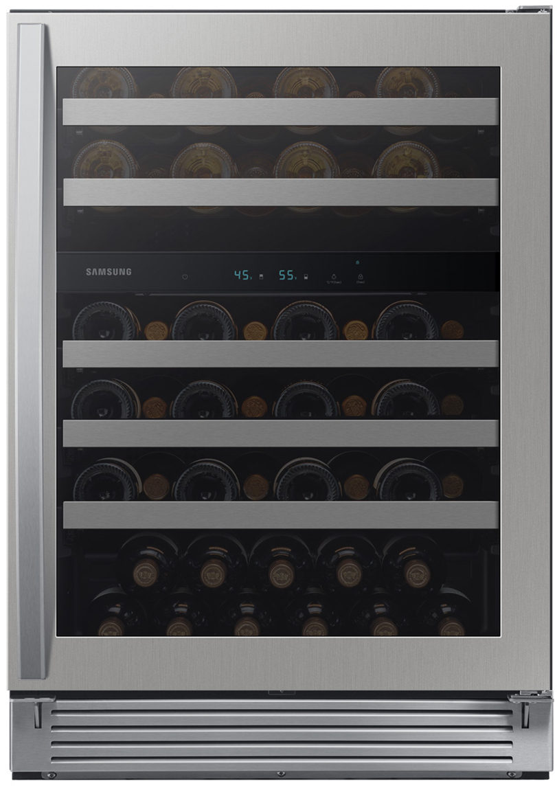 Front of cooler with door closed and wine bottles inside.