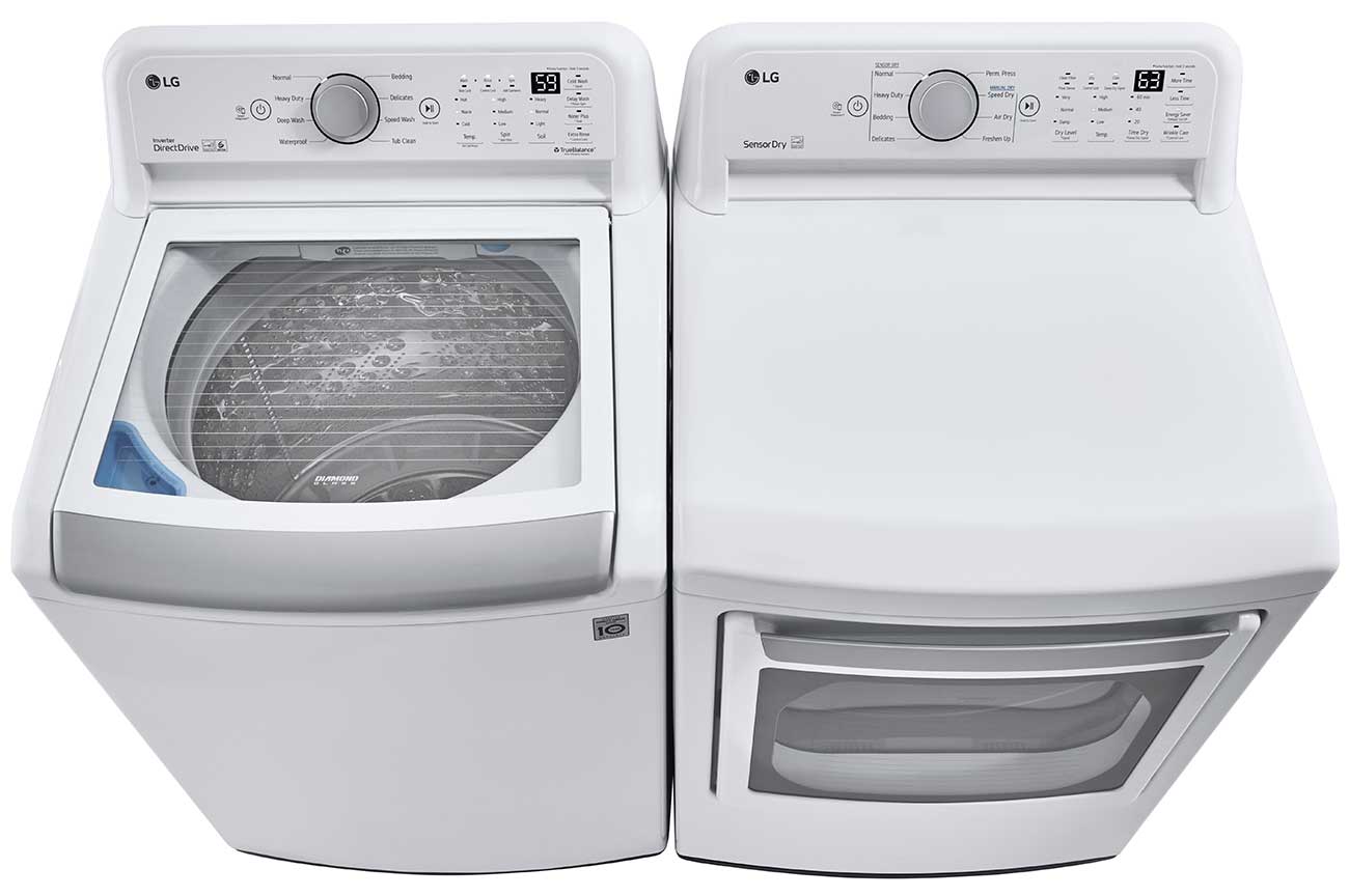 Top View of a LG Dryer nest to a LG 5 Cu. Ft. Top Load Washer WT7150CW
