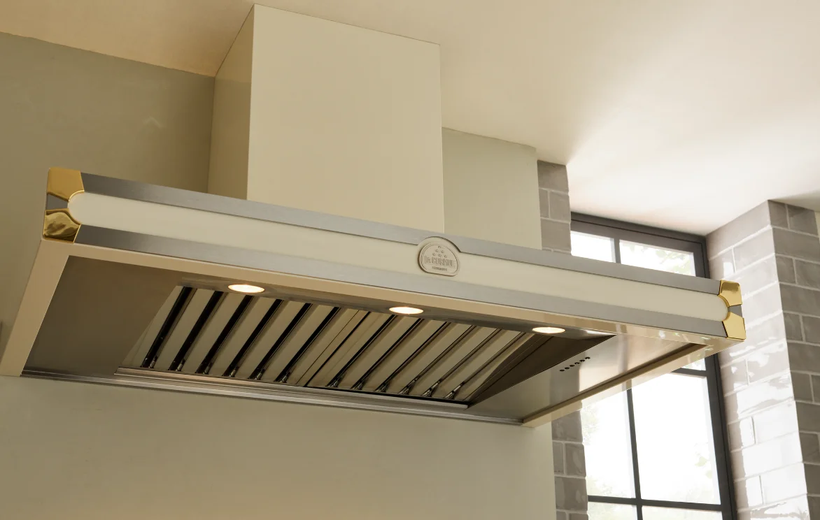 La Cornue range hood detail showing ventilation and lighting