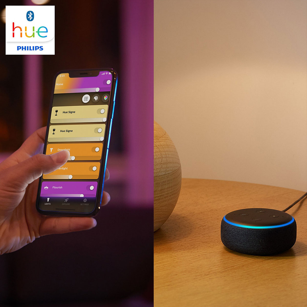 View of the Philips Hue E12 White And Color Ambiance Single Bulb Being Used With Bluetooth Features