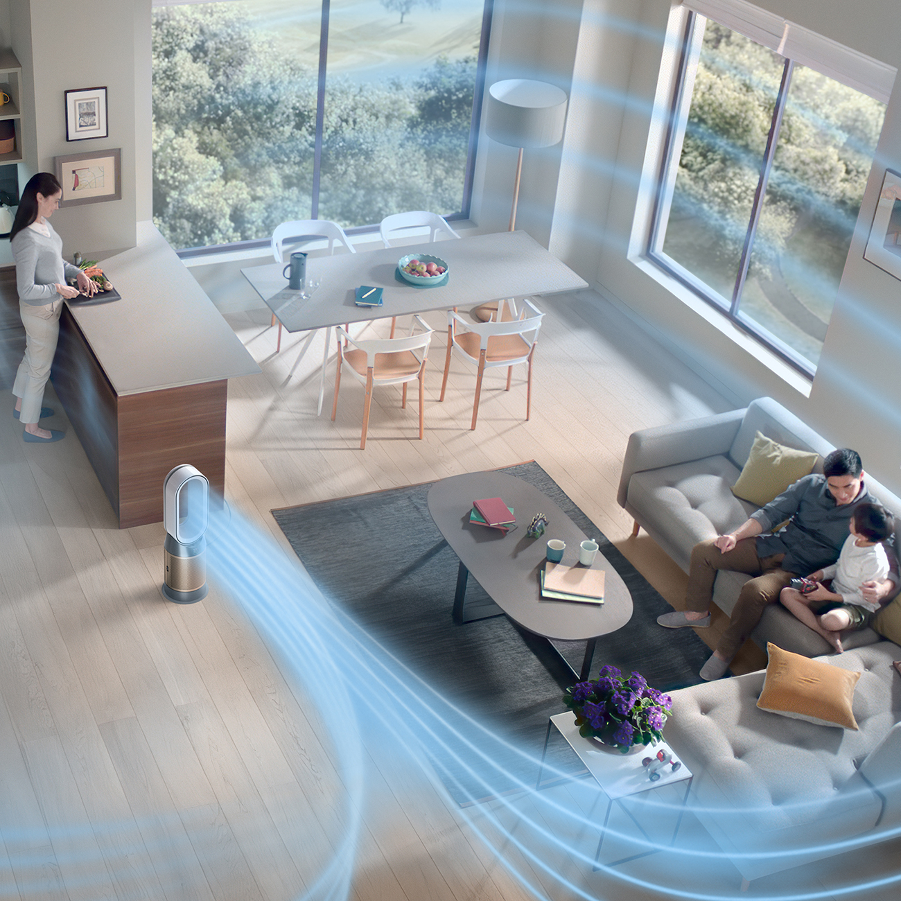 Dyson Air Purifier Showing Family in a Living Room with Air Flow Illustration
