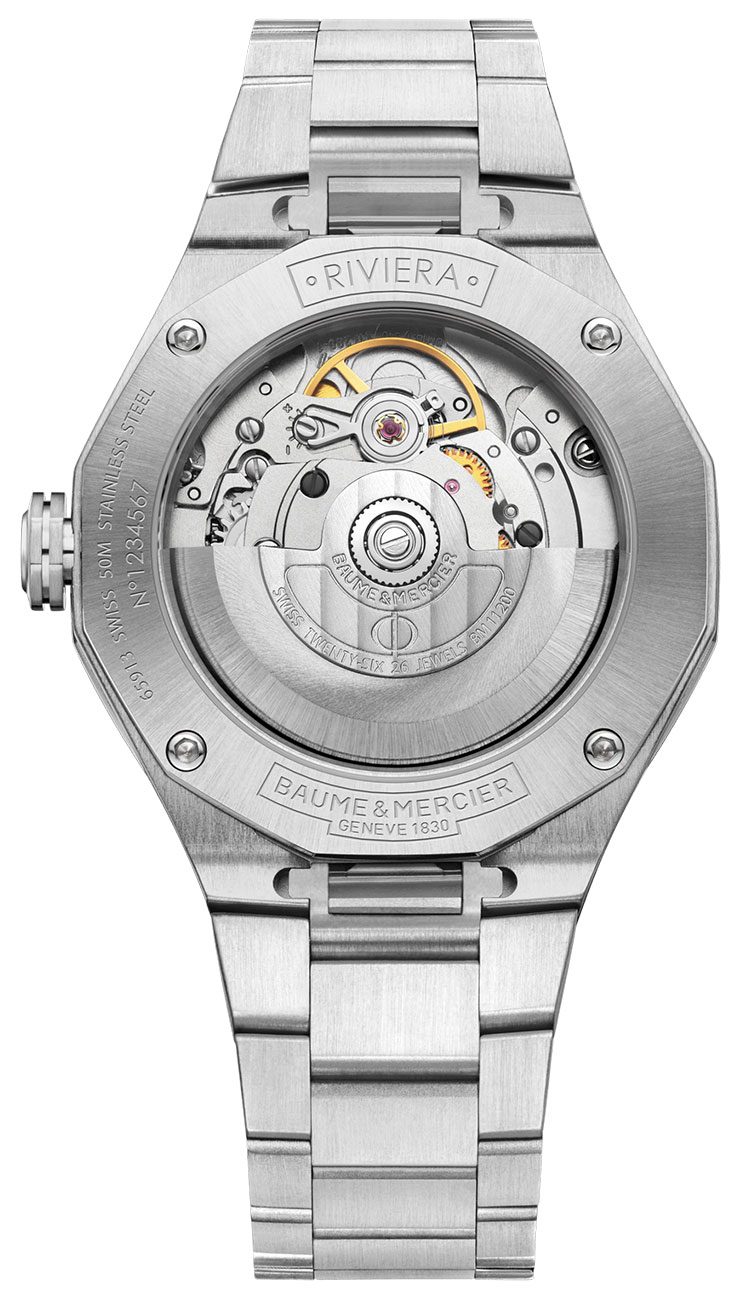 Back View of the Baume & Mercier Riviera Automatic White MOP Dial SS Bracelet Watch