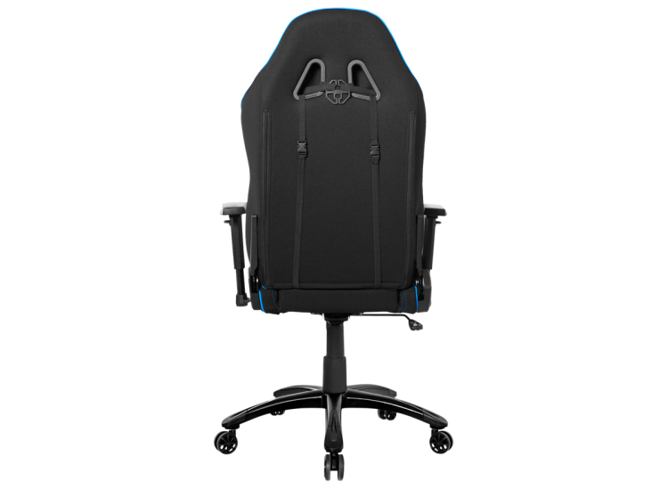 Front-right angled view of black and blue AKRACING gaming chair with base and wheels.