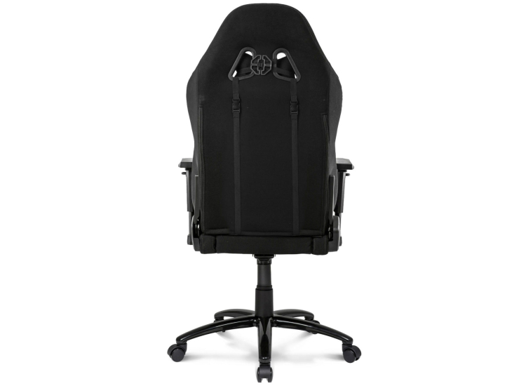 Back view of black gaming chair showing high back, integrated headrest, armrests, and sturdy five-star base with wheels.