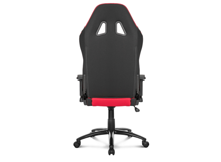 Rear view of red and black AKRACING gaming chair showing backrest and base with wheels.