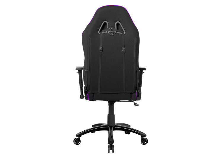 Profile view of black gaming chair with purple piping, adjustable armrests, and caster wheels