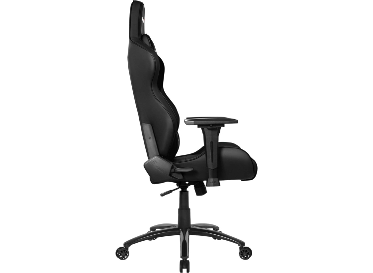 Front-side view of black gaming chair with armrests and lumbar support cushions.