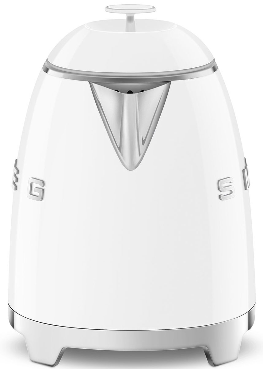 Front image of Smeg 50s Retro Style White 27 Oz. Electric Kettle showing spout
