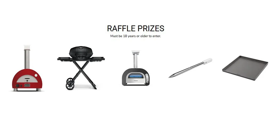 The raffles prizes up for grabs including a red pizza oven, a black portable grill, a grey pizza oven, a wireless thermometer and a flat top griddle