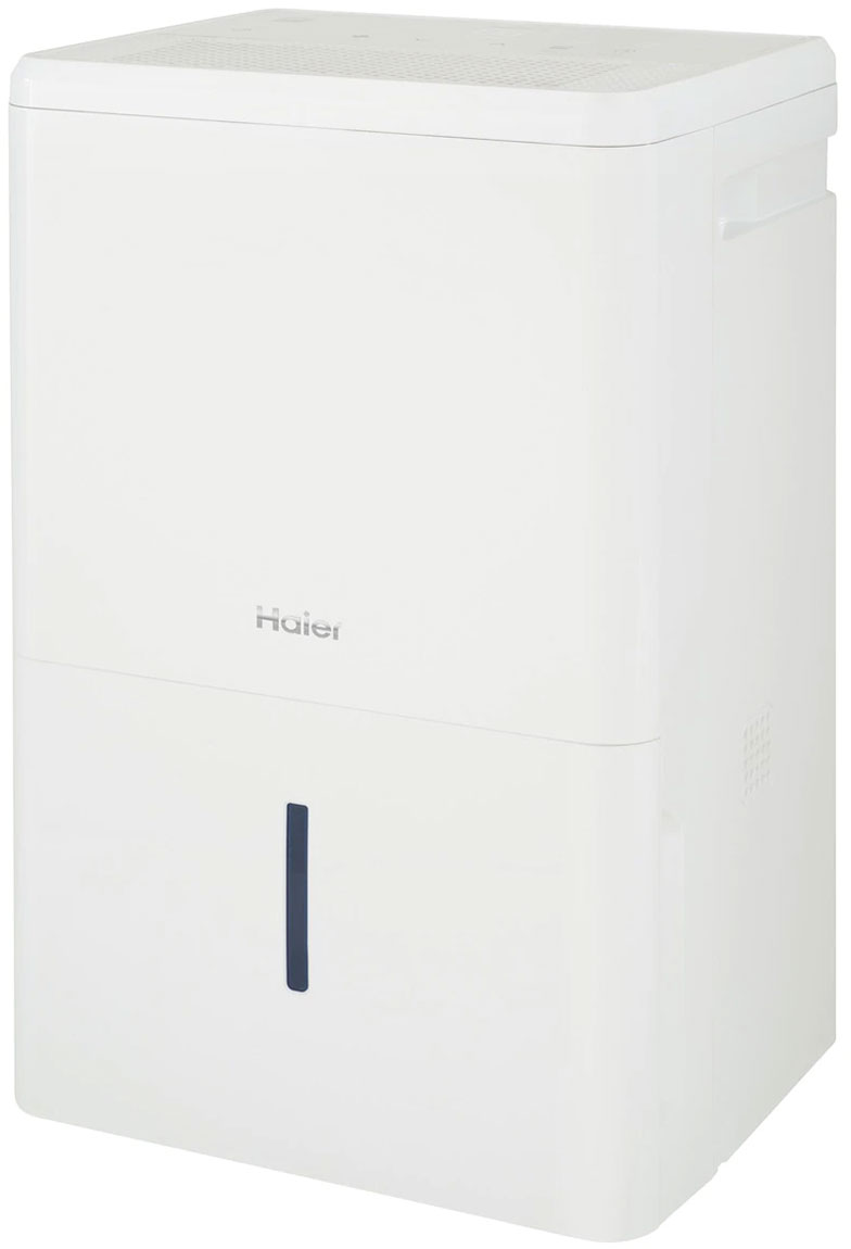 White Haier 50 Pint Dehumidifier at an Angle 