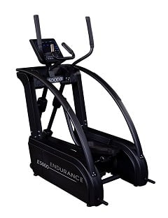 Rear angle view of a black center-drive elliptical. The word 'endurance' is printed on the side of the machine in white.