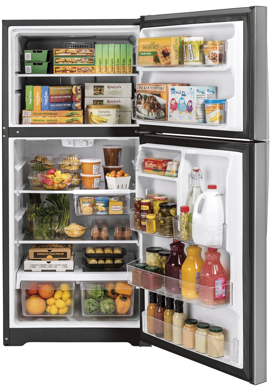 Open refrigerator with food and drinks inside.