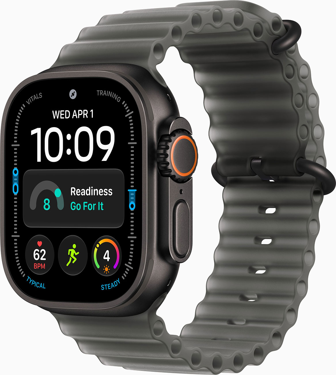 Angled View of Apple Watch Ultra Black Titanium Case with Translucent Black Ocean Band