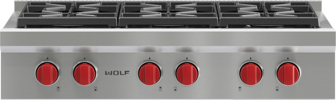 Front view of Wolf Rangetop in Stainless Steel.