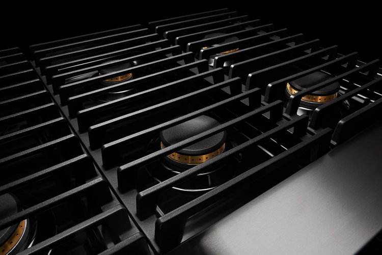 Large image of JennAir NOIR 48 In. Floating Glass Black And Stainless Steel Gas Professional-Style Range With Chrome-Infused Griddle And Grill