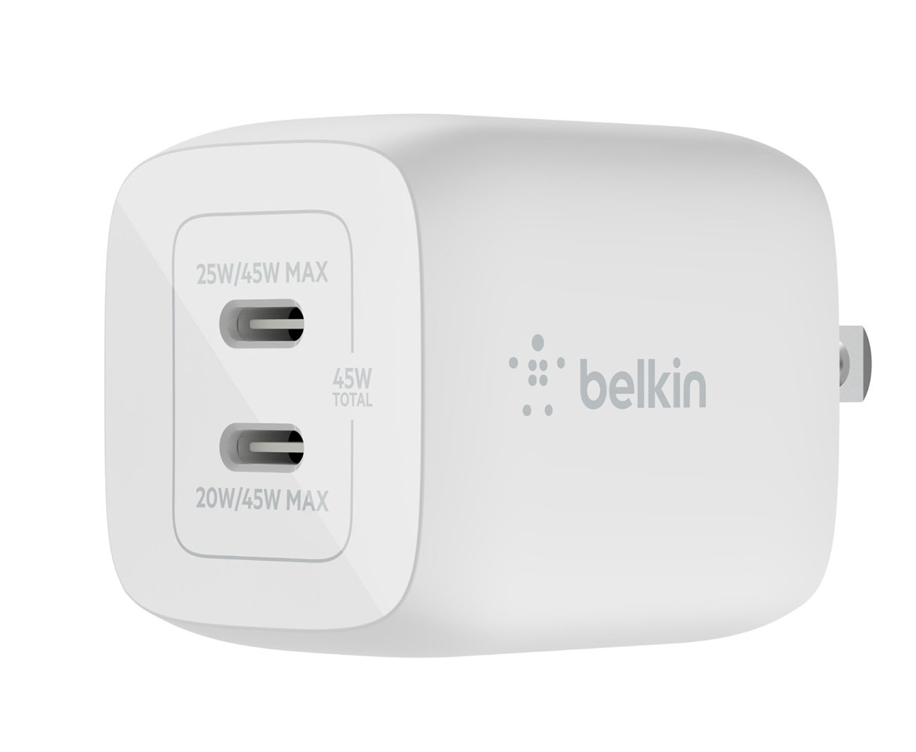 Angled Front View of Dual USB-C 45W Wall Charger