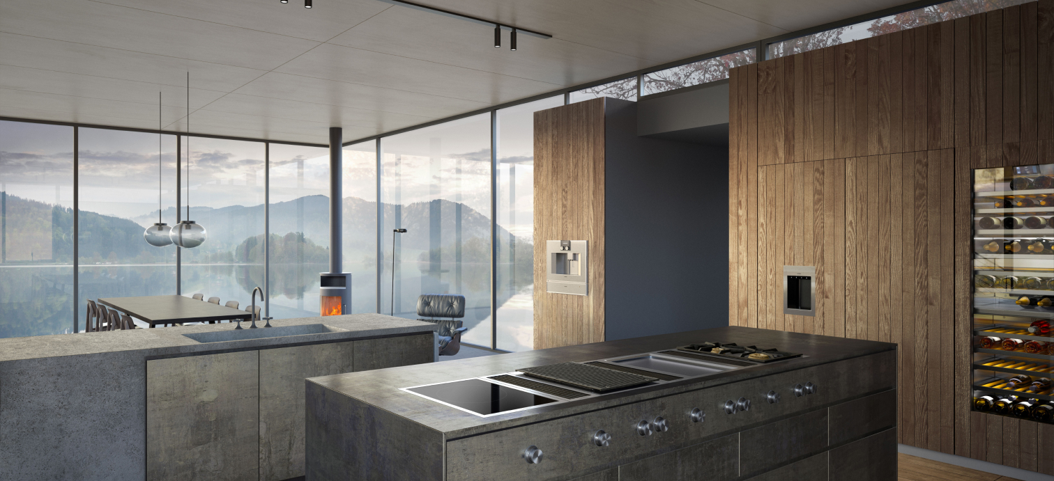 An elegant Gaggenau kitchen offering a picturesque view of the mountains, harmonizing contemporary design with natural surroundings