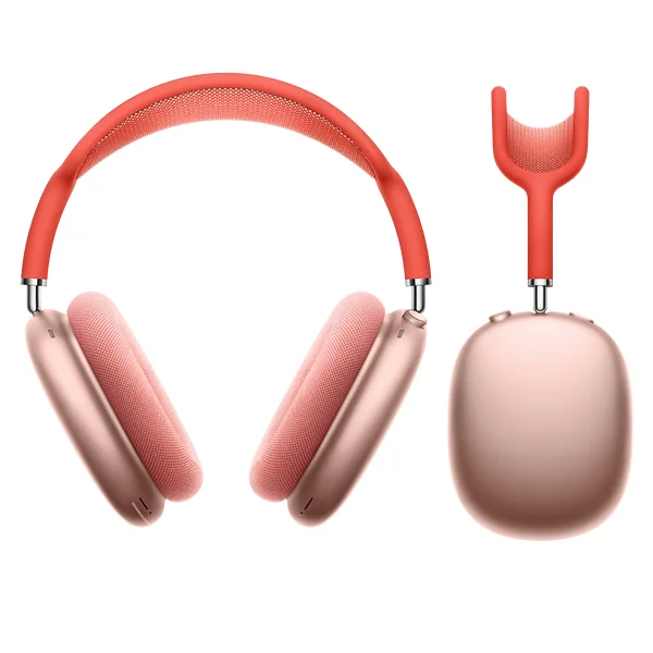 A pink pair of Apple AirPods Max headphones viewed from the front angle and the side angle