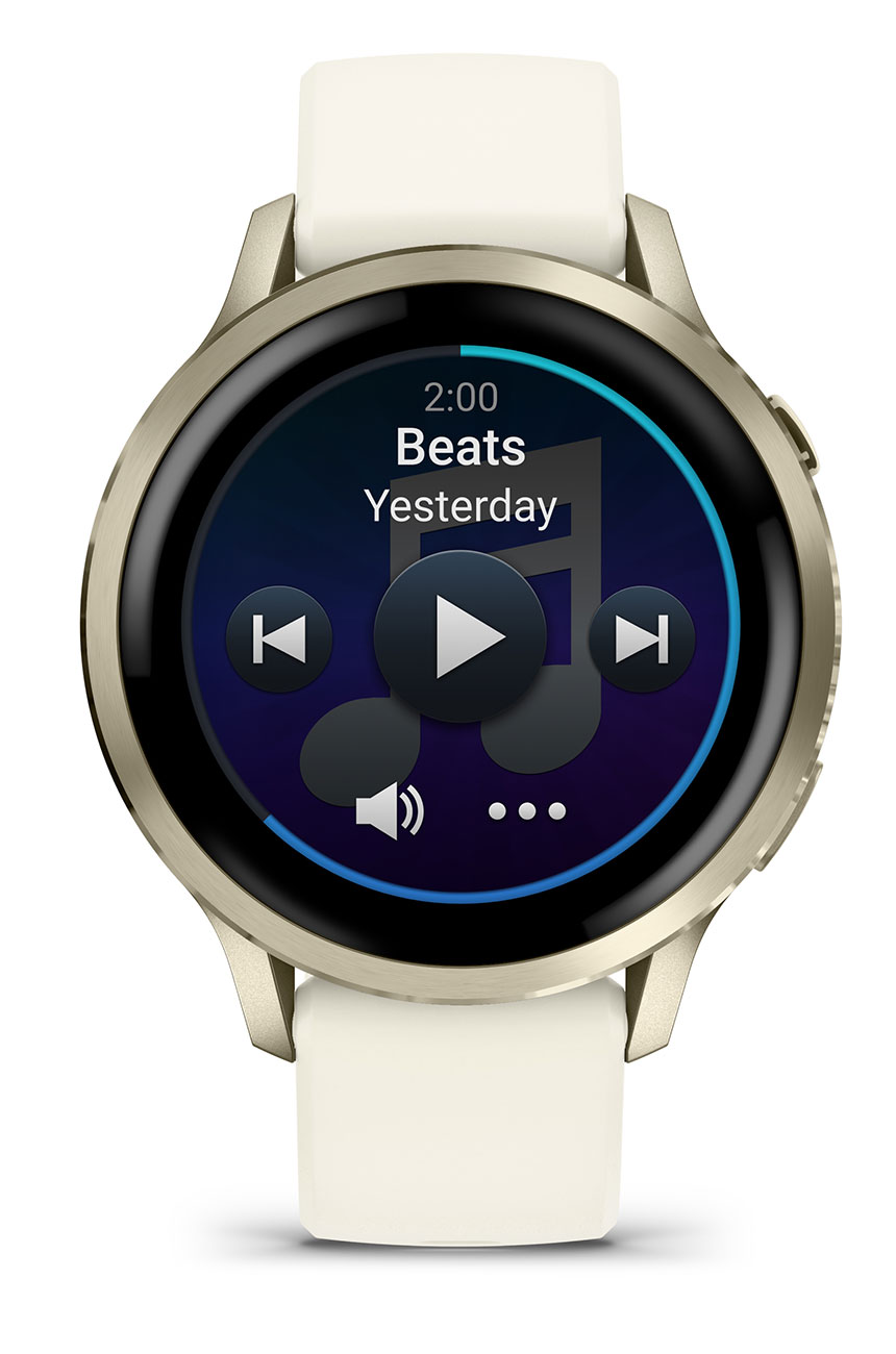 Front View of Garmin Watch With Music Player on Screen