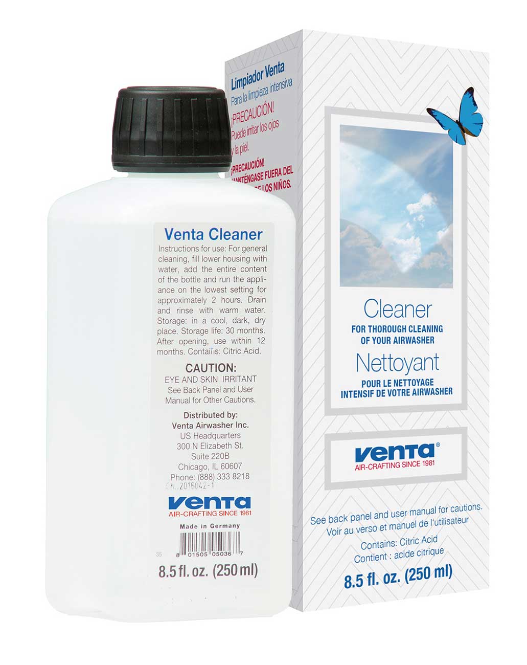 Front view of Humidifier Cleaner & Packaging