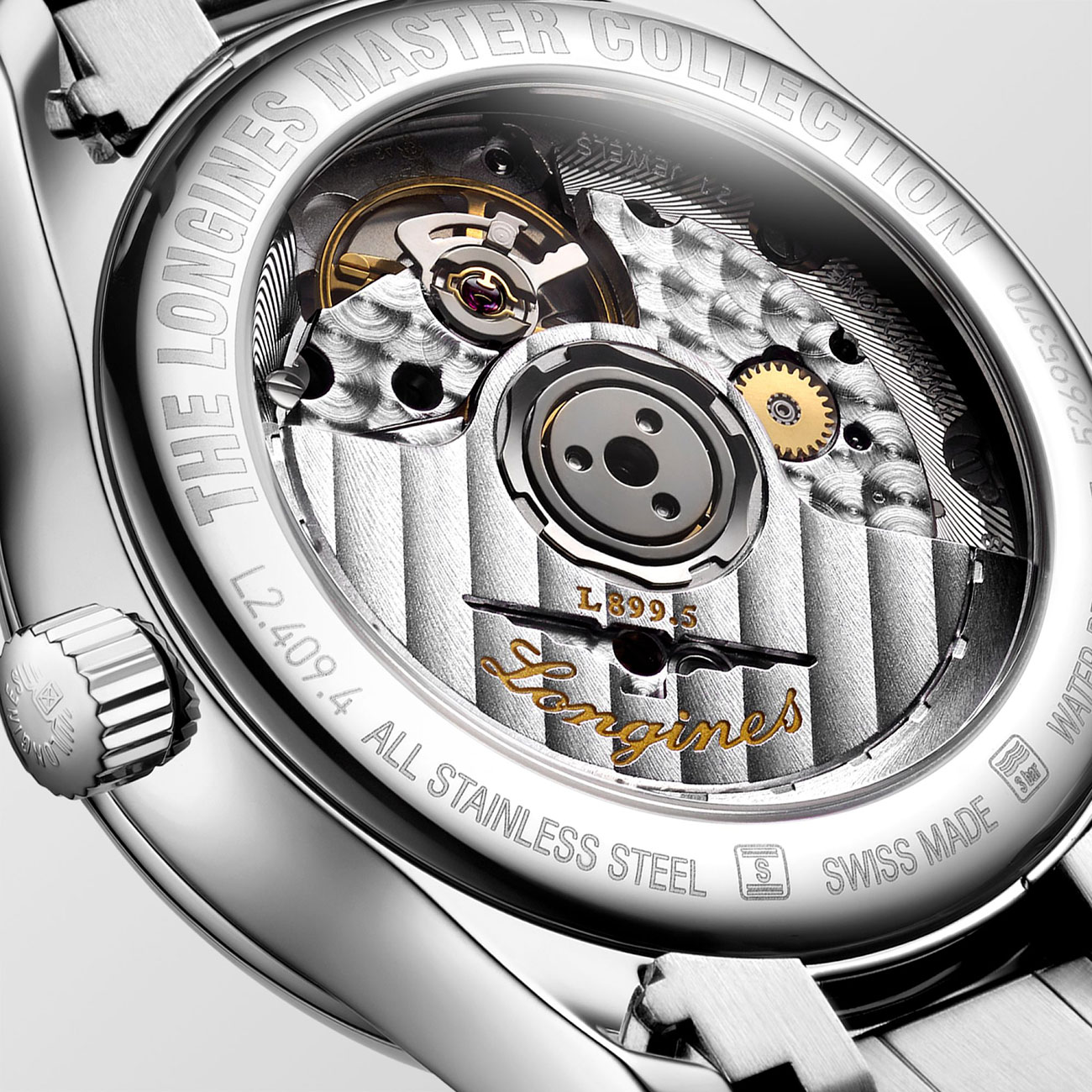 View of the Longines Master Collection Automatic Moonphase Stainless Steel Watch's Case Back