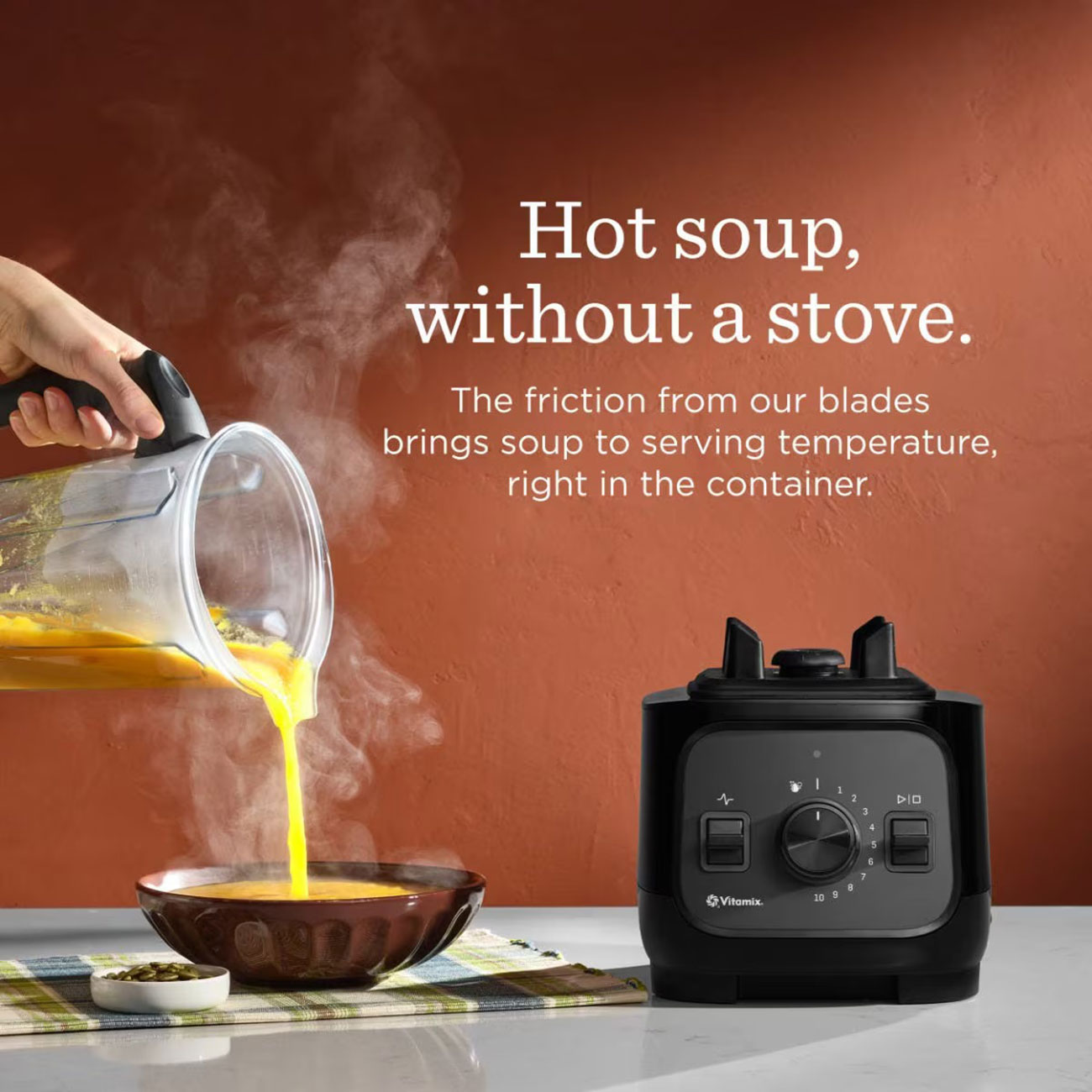 View of hot soup graphic with Vitamix VX1 Blender