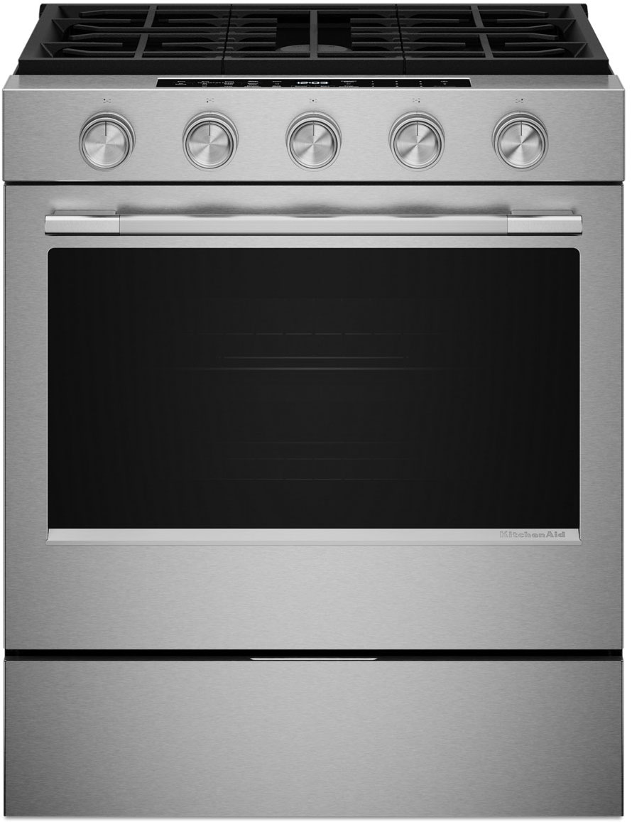 Main Front view of KitchenAid Gas Range in PrintShield Stainless Steel