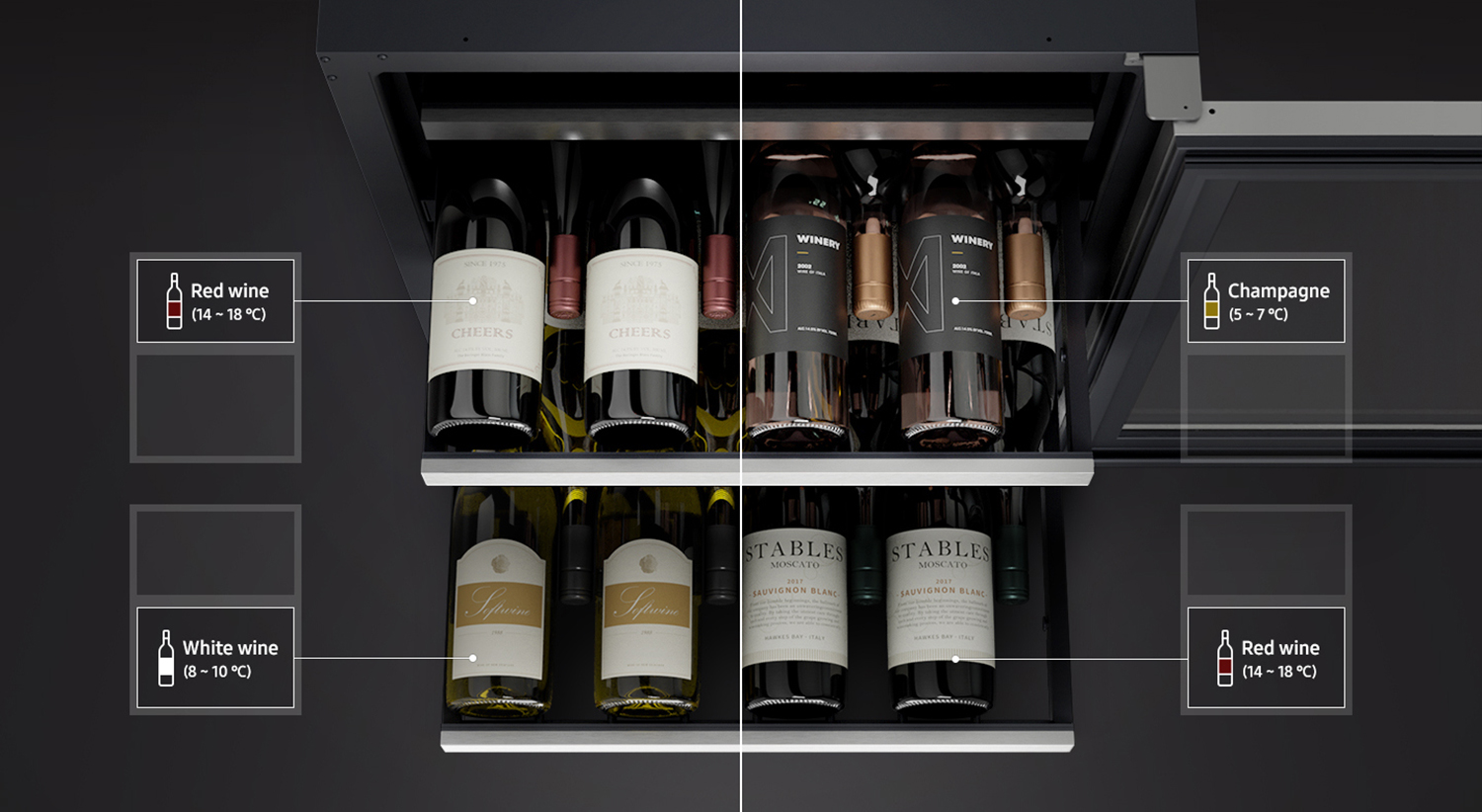 One set of wine bottles and the optimal temperature for them.