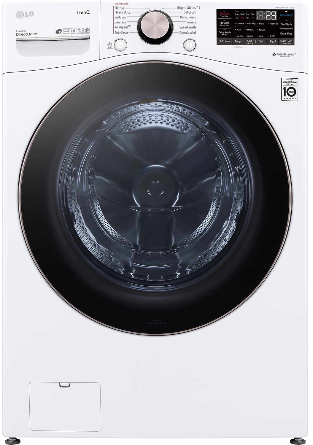 Front of a White LG 4-5 Cu Ft Front Load Washer
