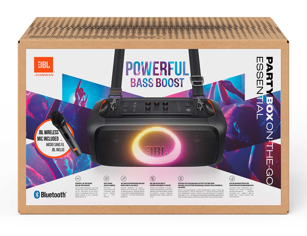 Front view of PartyBox OTG Essential Speaker Packaging