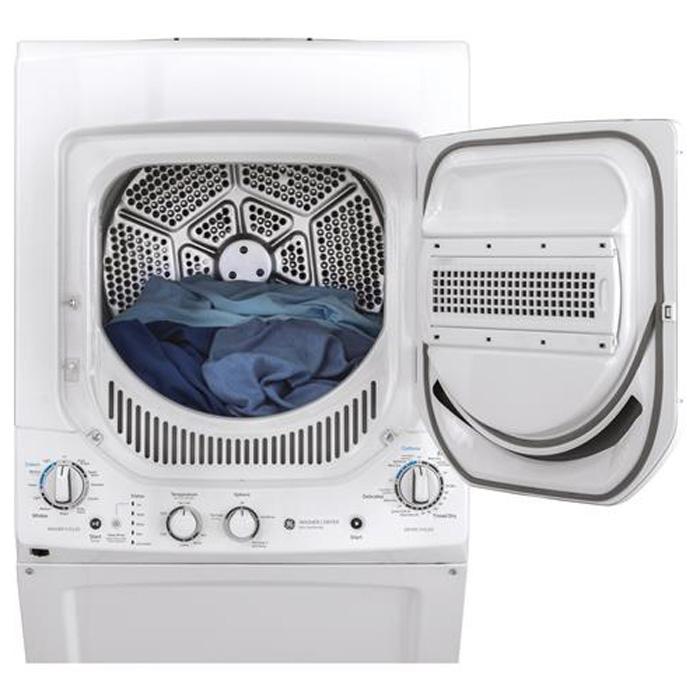 Open dryer door with sheets inside.