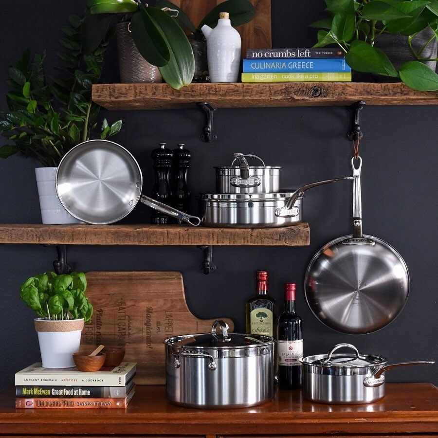 10-piece set in kitchen on shelves, hooks, and counter