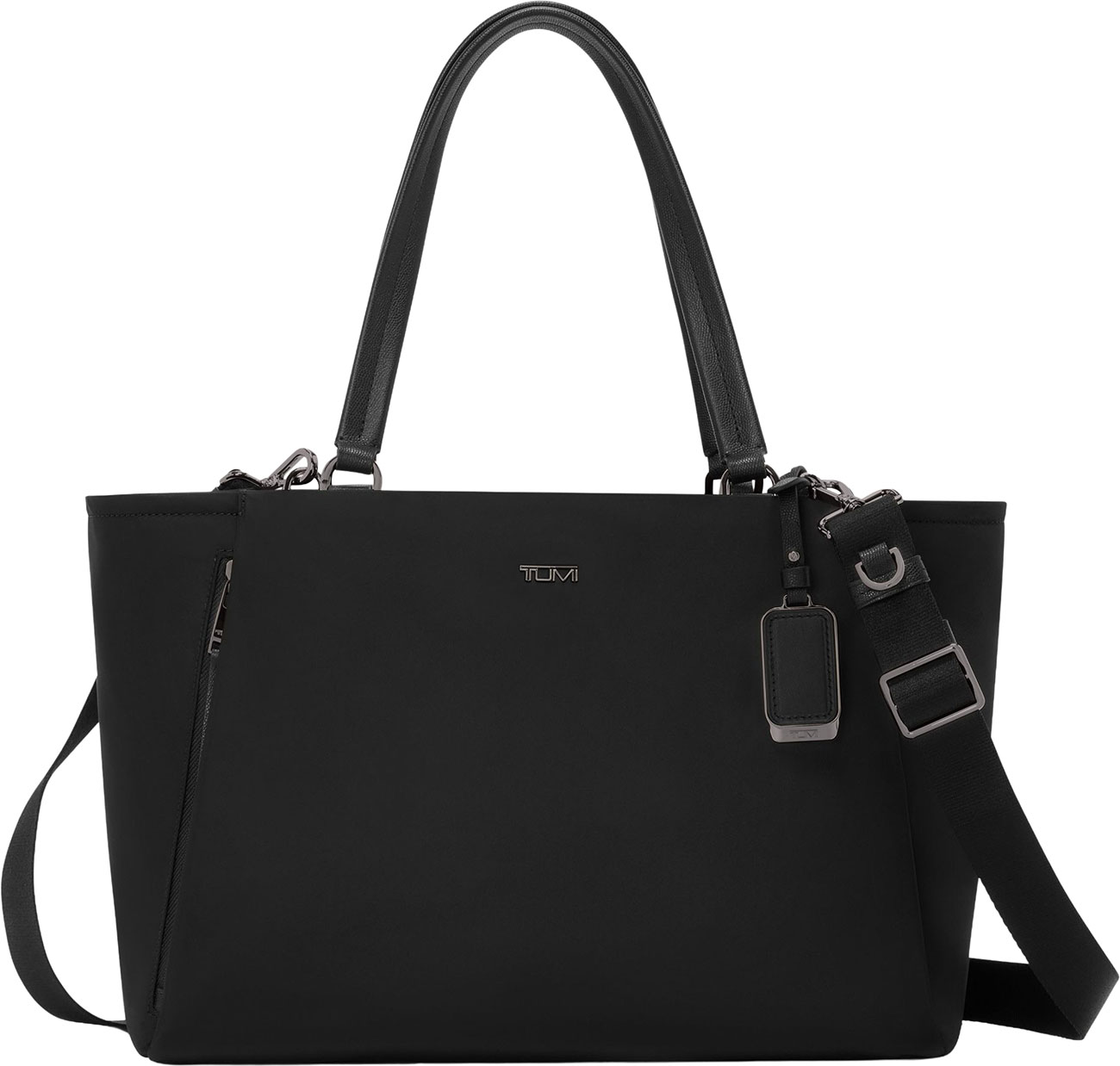 Front view of TUMI Voyageur Valetta Medium Tote in Black | Gold