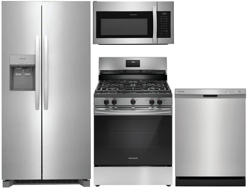 Front View of Stainless Steel Refrigerator, Range, Dishwasher and Microwave