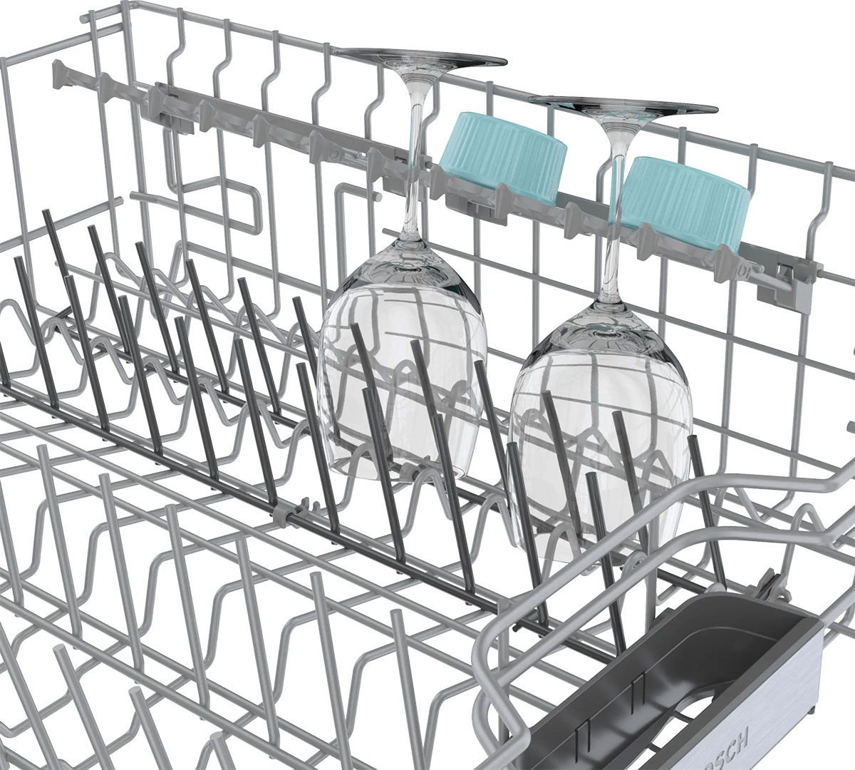 Close-up of wine glasses on upper rack.