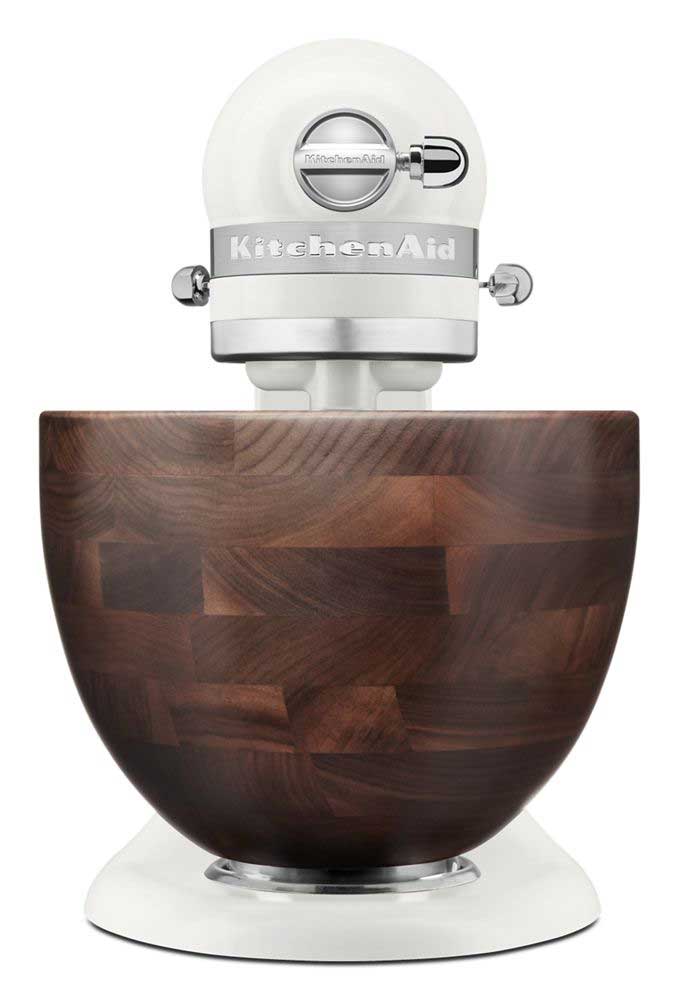 Front view of Artisan 5 Qt. Stand Mixer with Walnut Wood Bowl