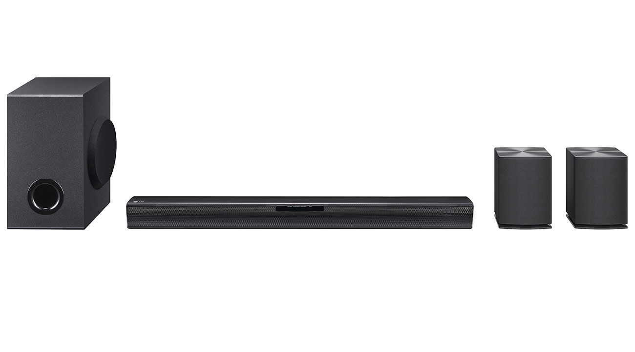Front View of LG Soundbar, Subwoofer, and Rear Speakers Kit
