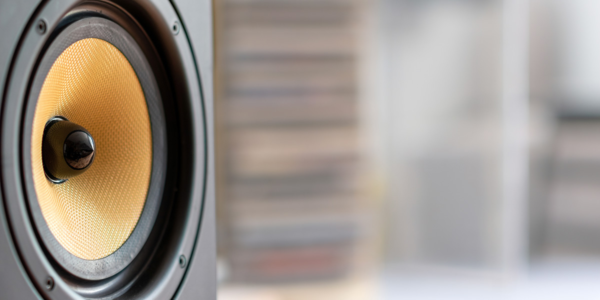 A zoomed in image of a subwoofer with a blurred background