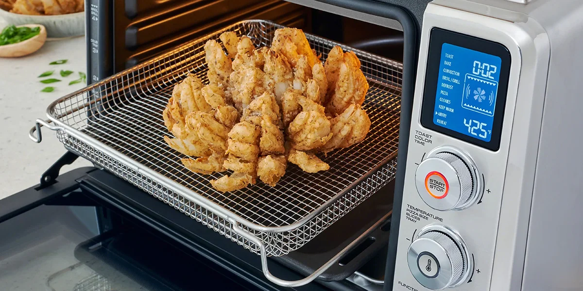 A zoomed in view of a fried onion in a toaster oven air fryer