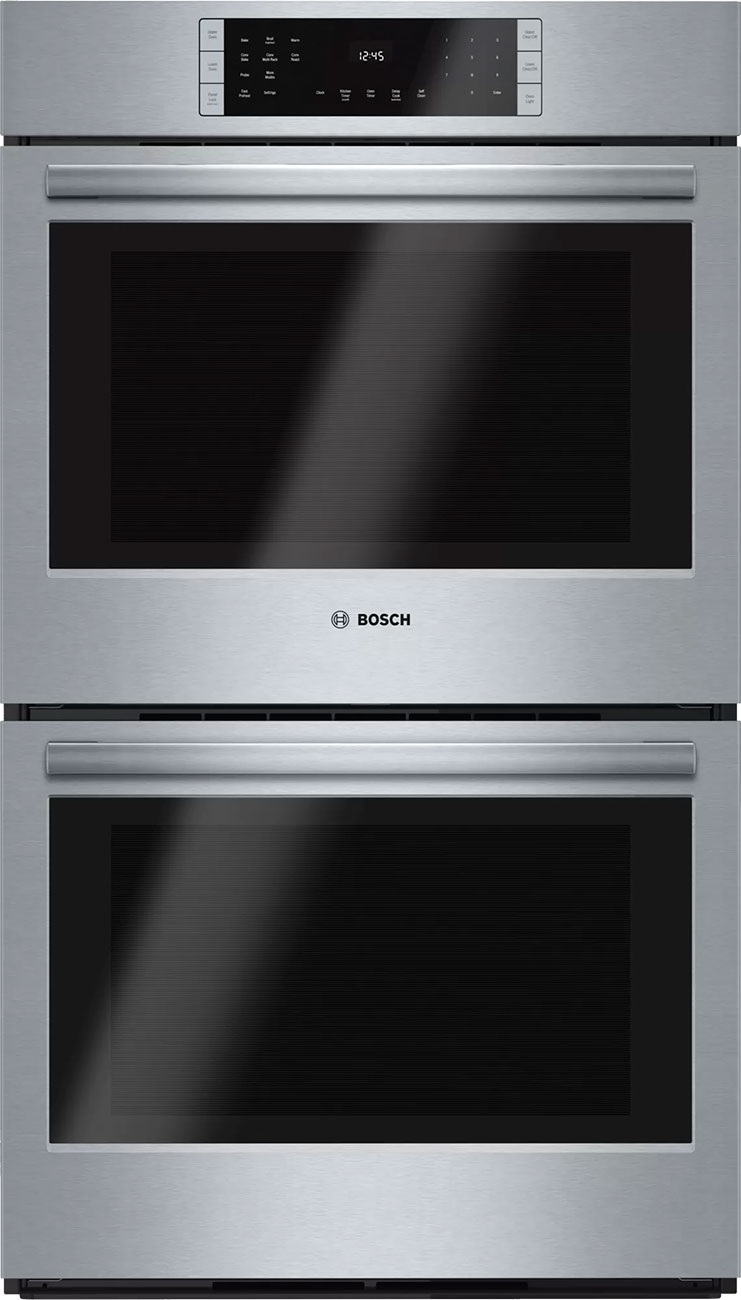 Front view of Bosch 800 Series 30" Stainless Steel Electric Built-In Double Wall Oven closed