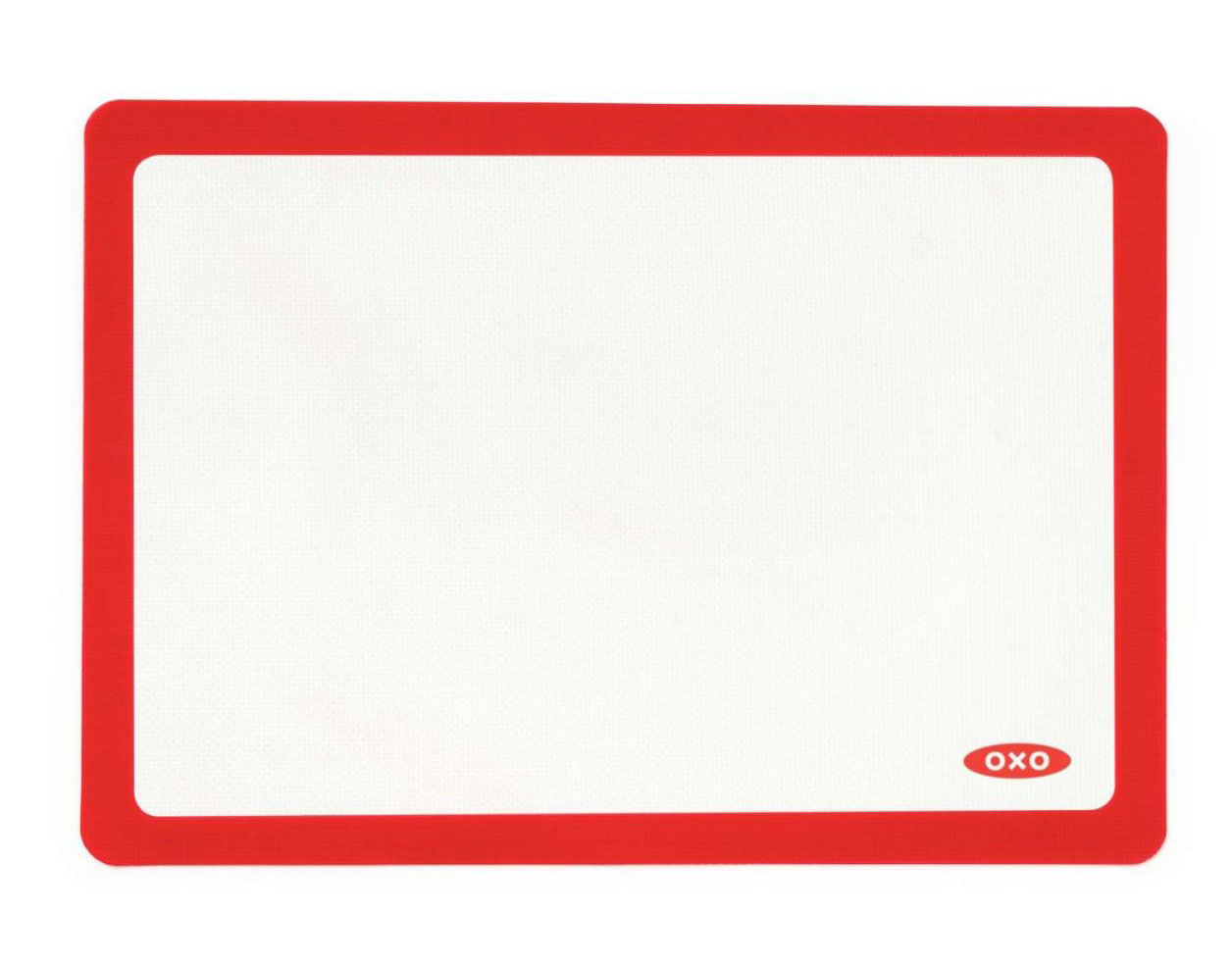 Top Front View of OXO Silicone Baking Mat In White & Red