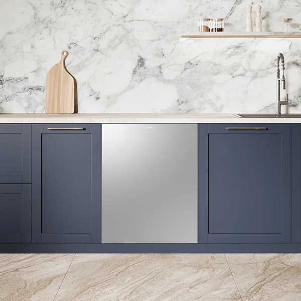 stainless steel Samsung dishwasher installed in kitchen with dark blue cabinets